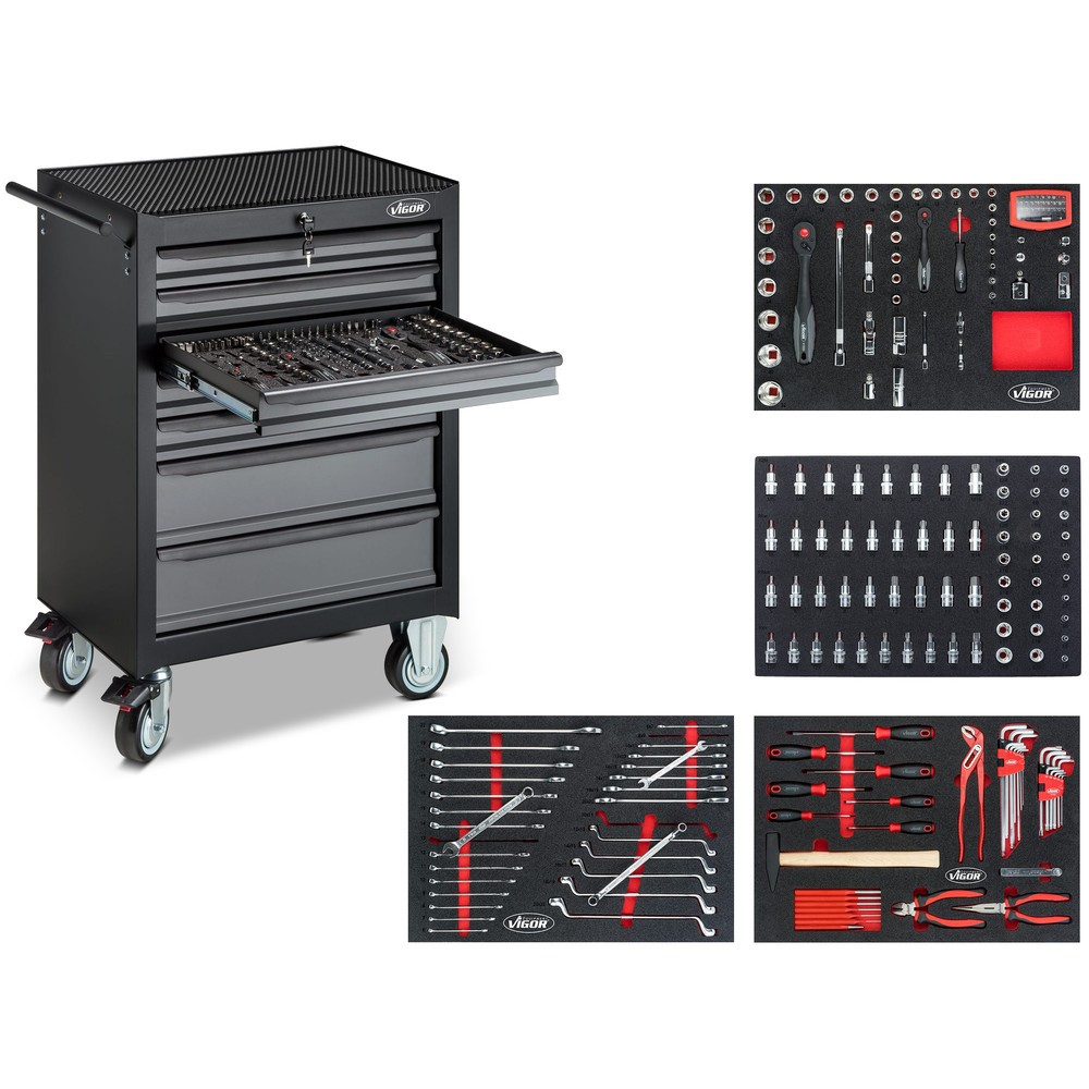 Imagen del producto: carro|plataforma de herramientas VIGOR® 500N, 7 cajones, inclusivo surtido de herramientas de 227 piezas