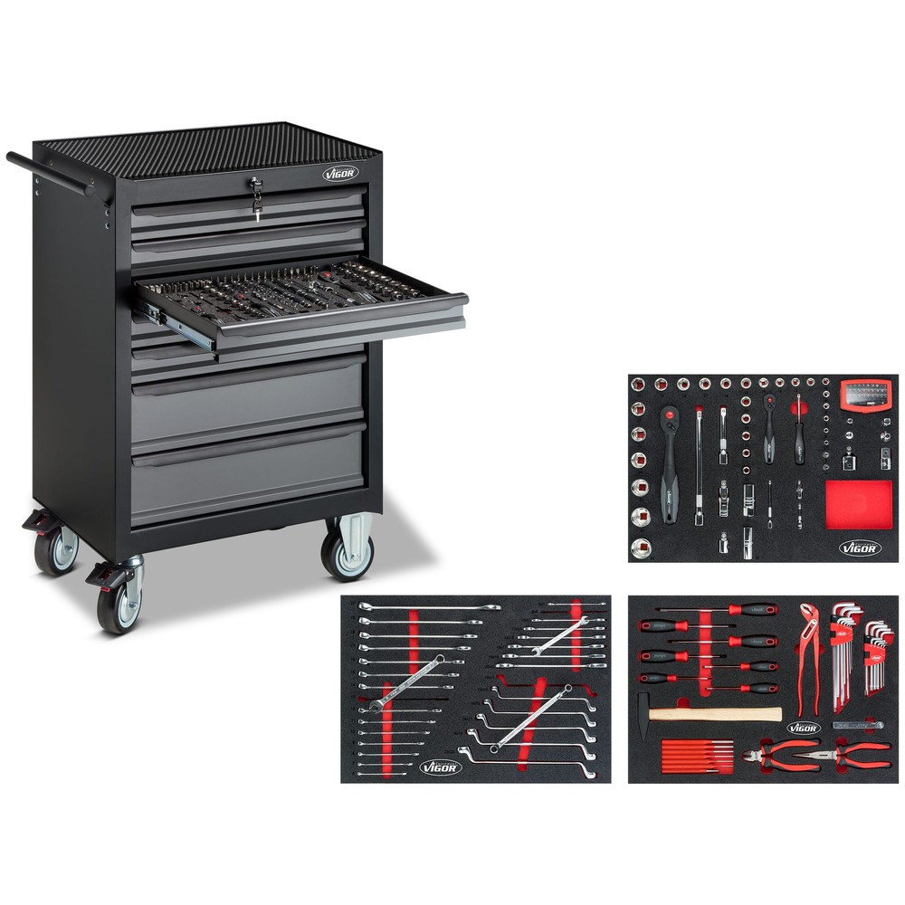 Imagen del producto: carro|plataforma de herramientas VIGOR® 500N, 7 cajones, inclusivo surtido de herramientas de 163 piezas