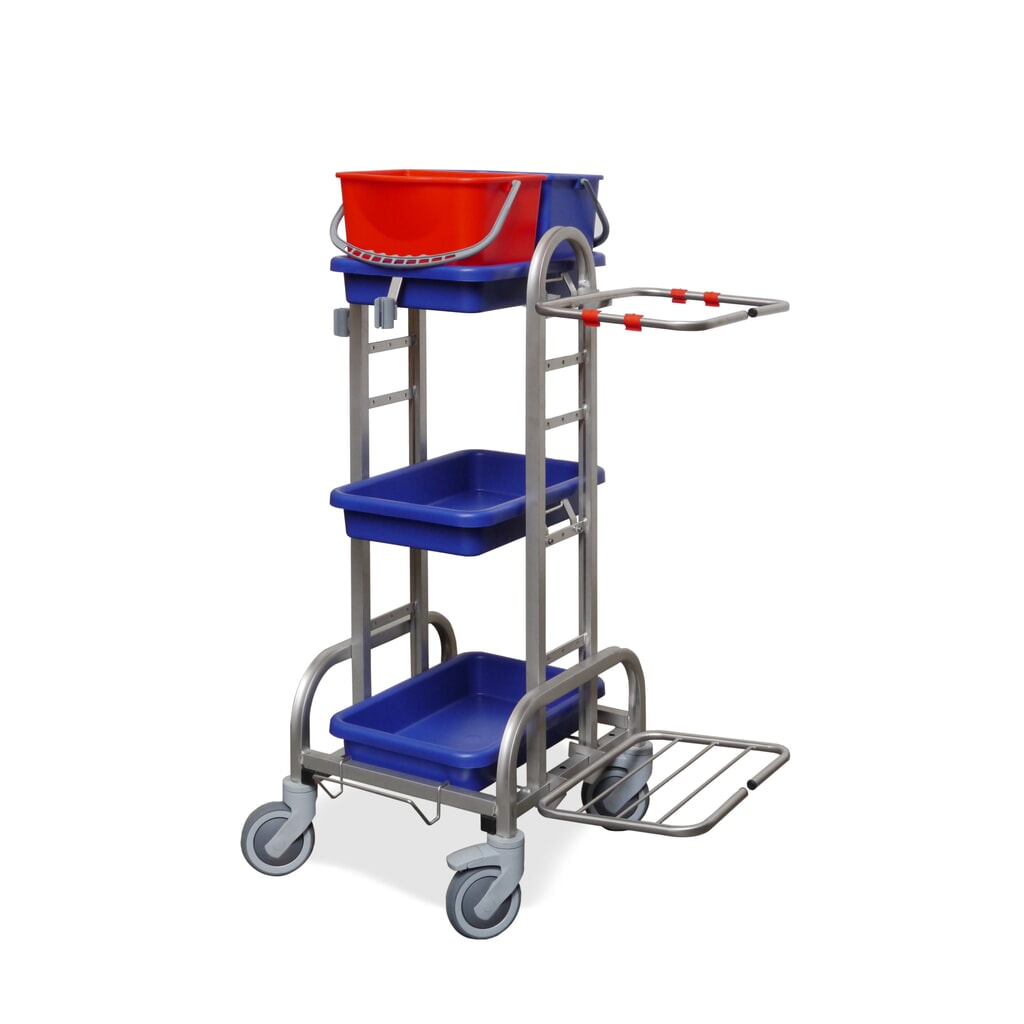 Imagen del producto: Carro de limpieza de acero inoxidable III, 2 x 10 litros, marco de soporte para bolsa de basura de 120 litros, 3 bandejas