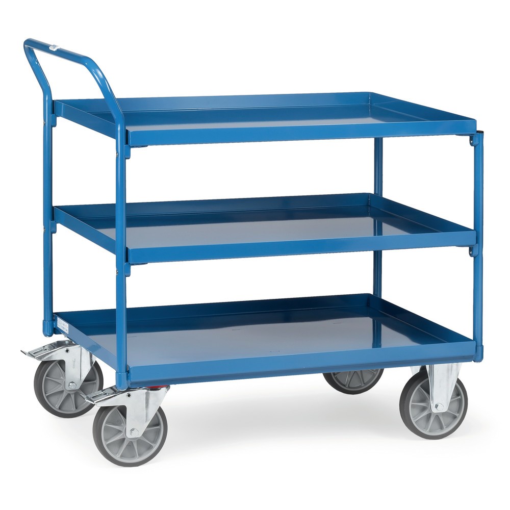 Imagen del producto: carro|plataforma de mesa fetra® con bañeras a prueba de aceite, 3 niveles de 850 x 500 mm, soporte alto