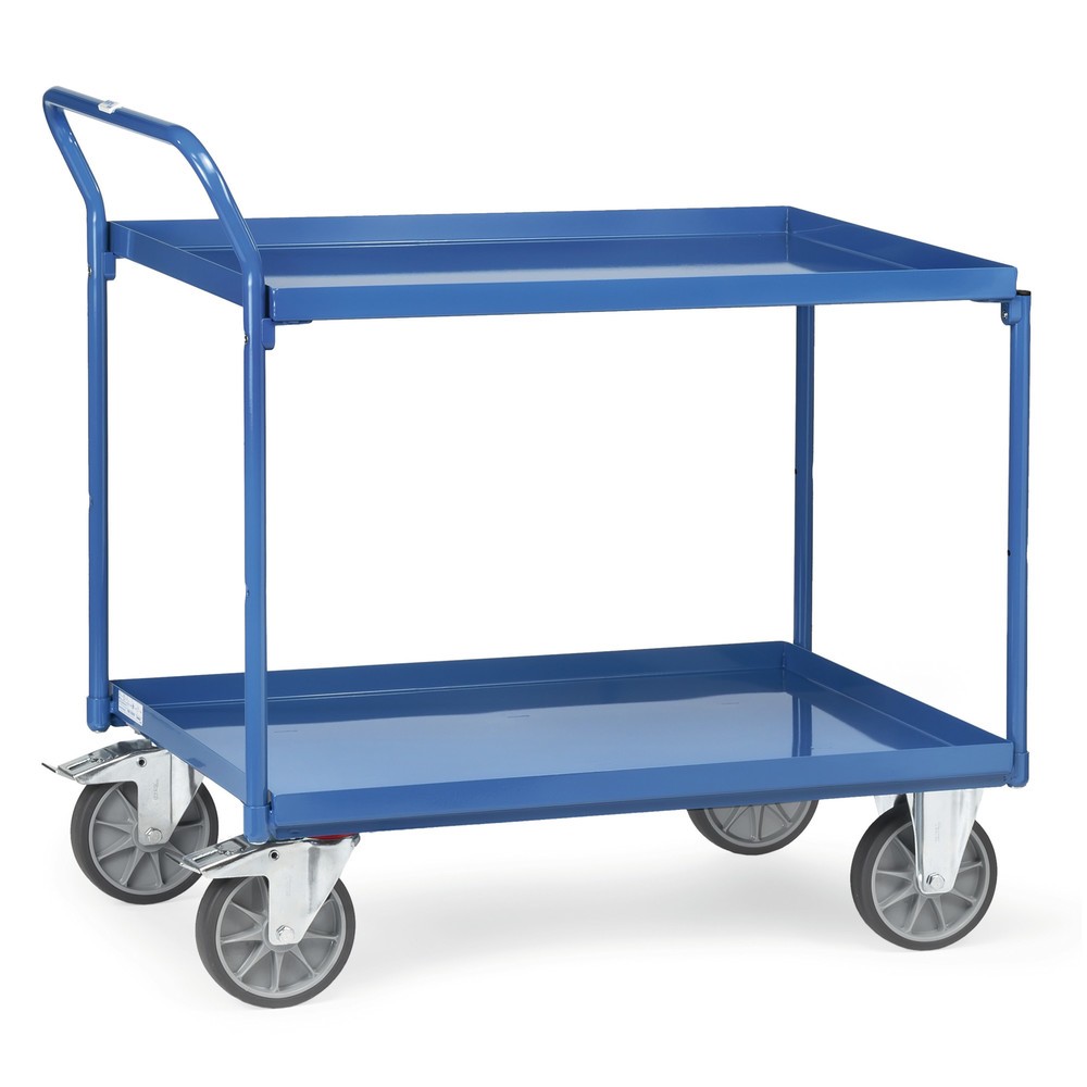 Imagen del producto: carro|plataforma de mesa fetra® con bañeras a prueba de aceite, 2 niveles de 850 x 500 mm, soporte alto
