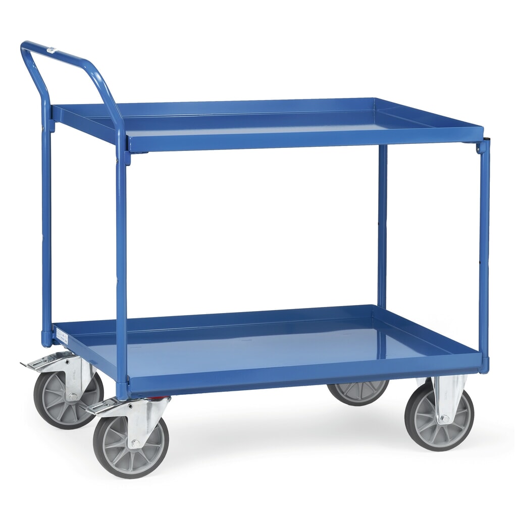 Imagen del producto: carro|plataforma de mesa fetra® con bañeras a prueba de aceite, 2 niveles de 850 x 500 mm, soporte alto
