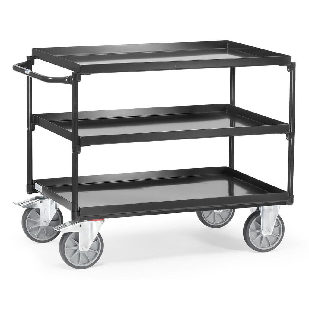 carro|plataforma de mesa fetra® con bañeras a prueba de aceite, 3 niveles de 1.000 x 700 mm, soporte horizontal, gris antracita Imagen del producto: carro|plataforma de mesa fetra® con bañeras a prueba de aceite, 3 niveles de 1.000 x 700 mm, soporte horizontal, gris antracita