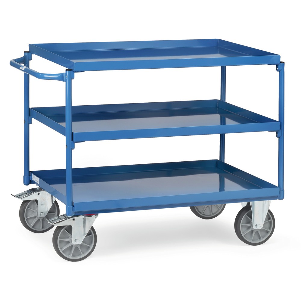 Imagen del producto: carro|plataforma de mesa fetra® con bañeras a prueba de aceite, 3 niveles de 850 x 500 mm, soporte horizontal