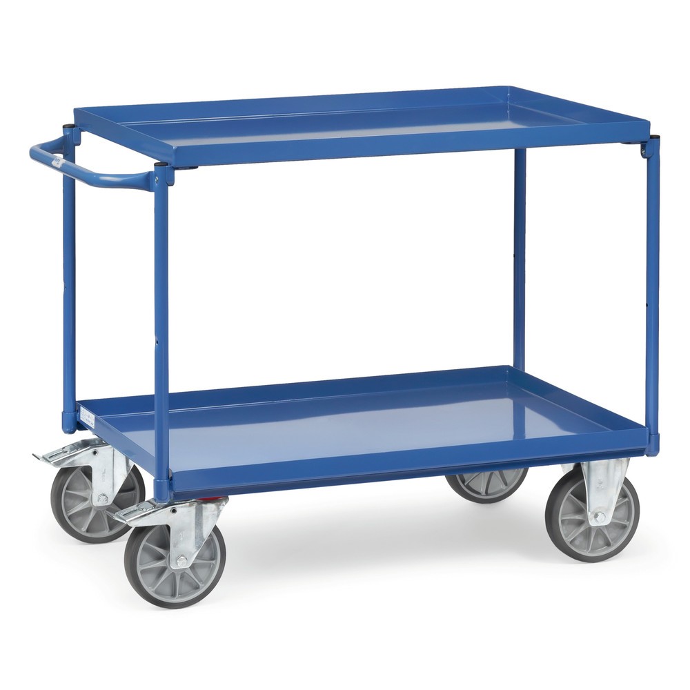 Imagen del producto: carro|plataforma de mesa fetra® con bañeras a prueba de aceite, 2 niveles de 1.000 x 700 mm, soporte horizontal