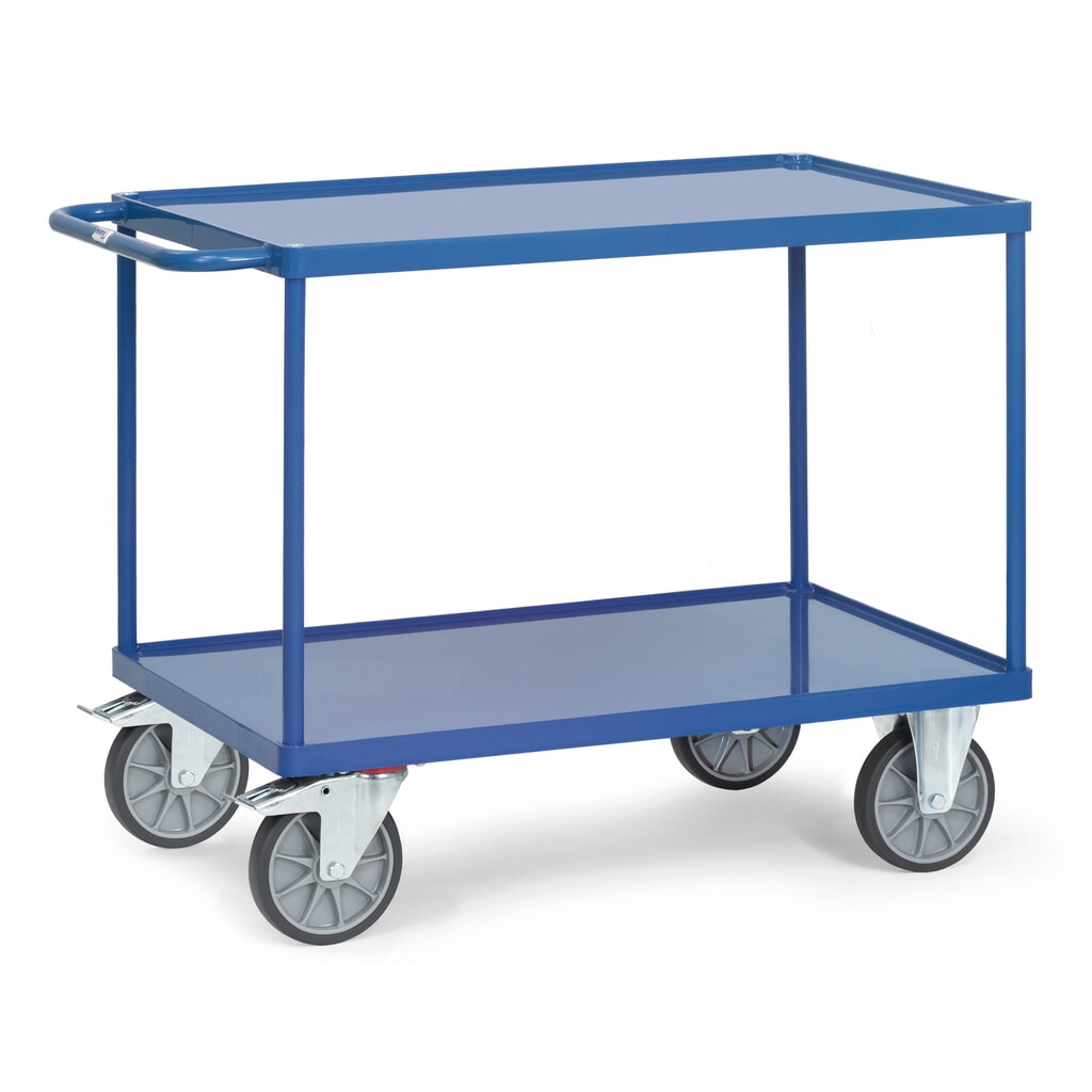 Imagen del producto: carro|plataforma de mesa y montaje fetra® con bandejas de chapa de acero, área de carga 1.000 x 600 mm
