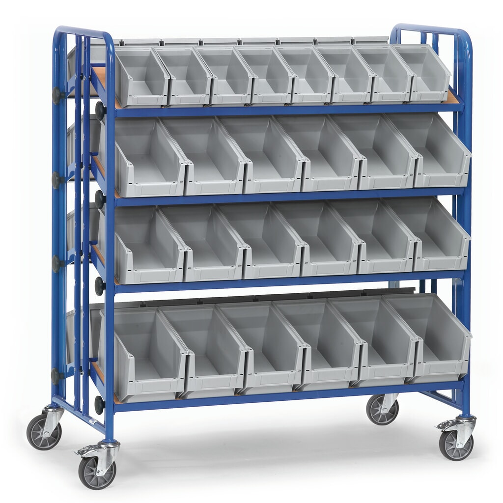 carro|plataforma de montaje fetra® con cajas de almacenamiento con frente abierto, 4 pisos, doble cara Imagen del producto: carro|plataforma de montaje fetra® con cajas de almacenamiento con frente abierto, 4 pisos, doble cara
