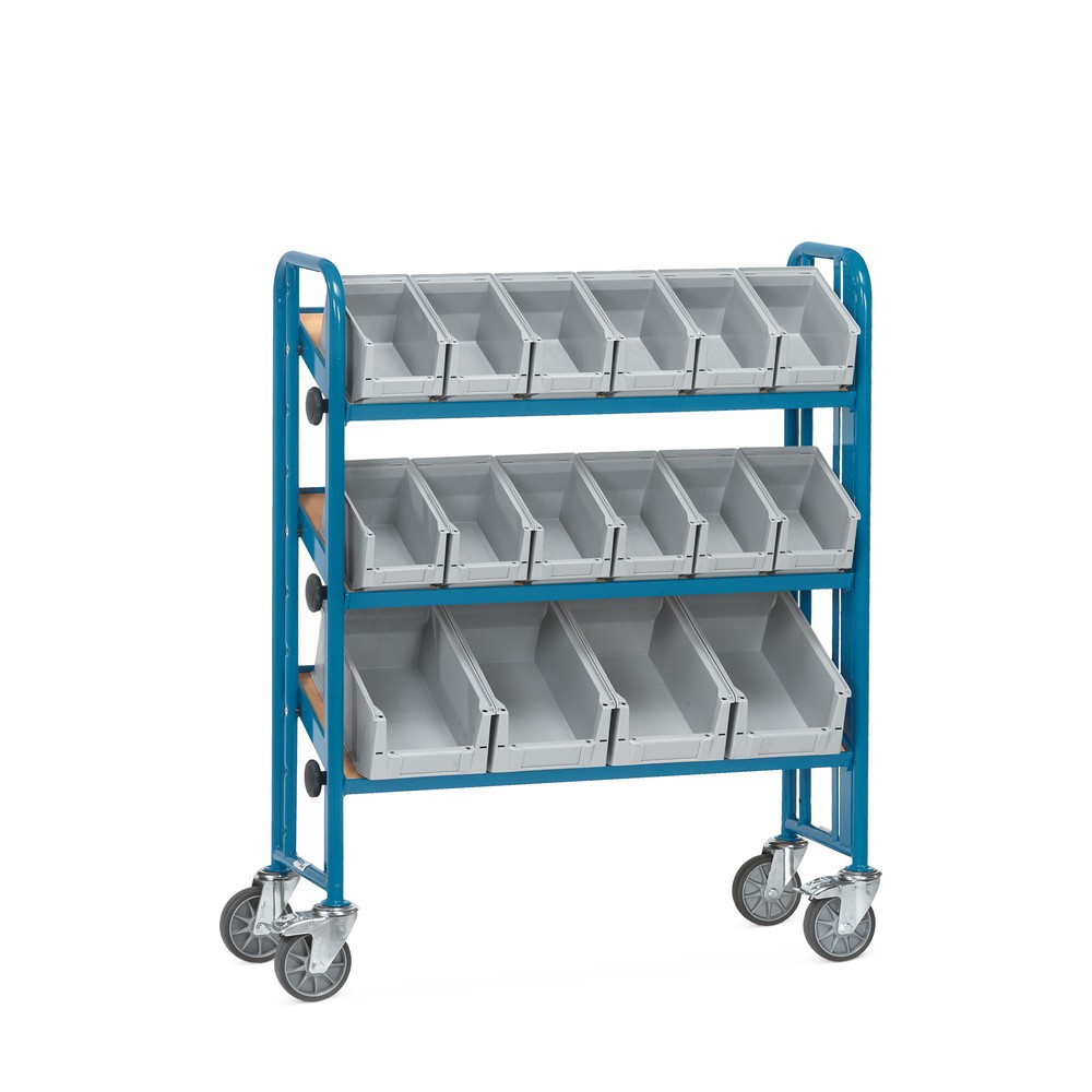 Imagen del producto: carro|plataforma de montaje fetra® con cajas de almacenamiento con frontal abierto, 3 niveles, unilateral
