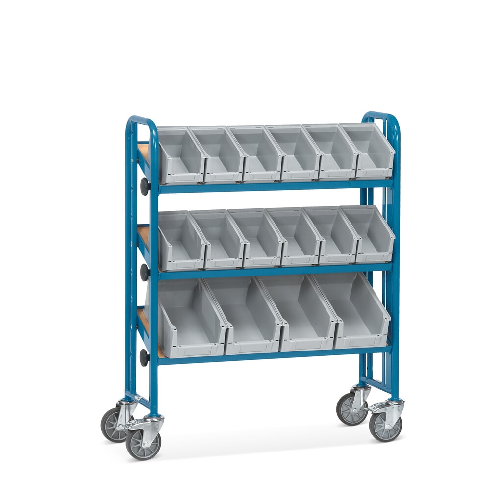 Imagen del producto: carro|plataforma de montaje fetra® con cajas de almacenamiento con frontal abierto, 3 niveles, unilateral