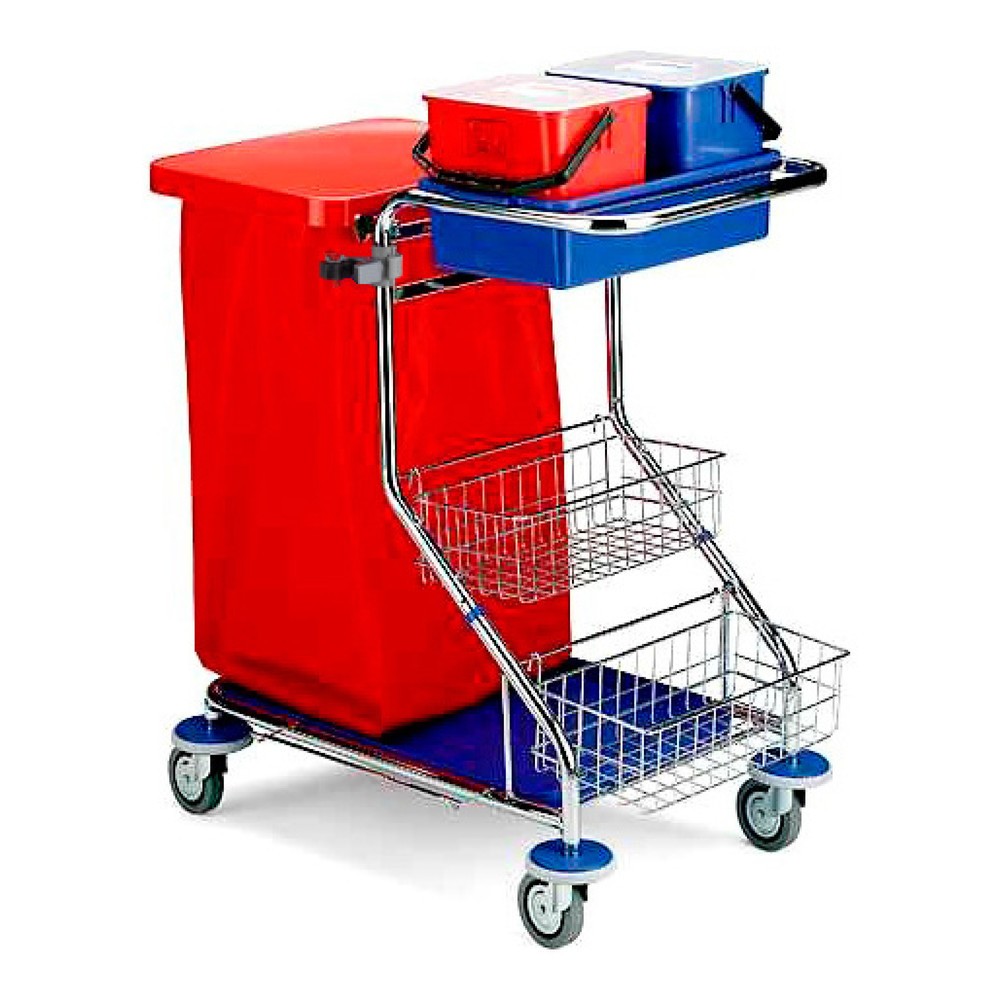Imagen del producto: Carro de servicio cromado I, 2 cestas de 6 litros, 2 cestas de utensilios, soporte para asa, marco para bolsa de basura de 120 litros, bandeja de recogida