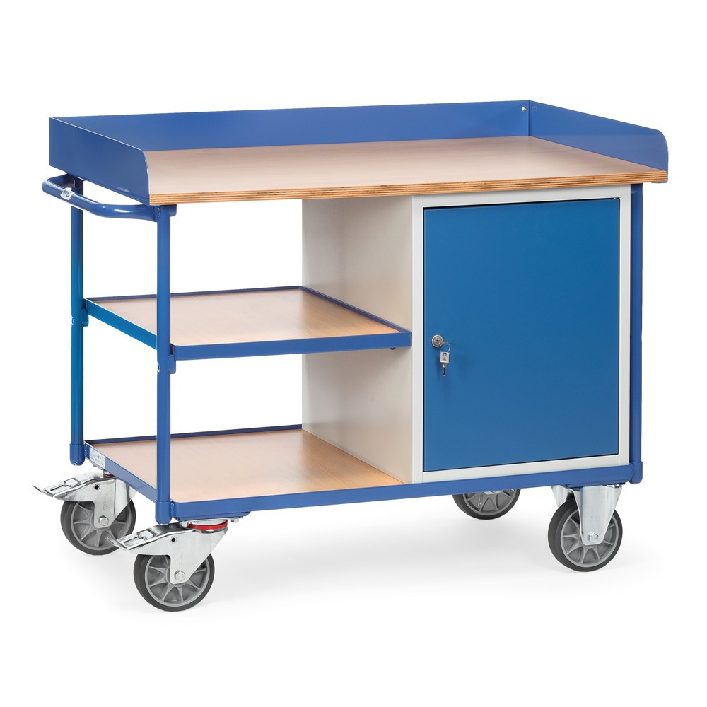 Imagen del producto: carro|plataforma de taller fetra® con borde alto, armario, 3 estantes, capacidad de carga 400 kg