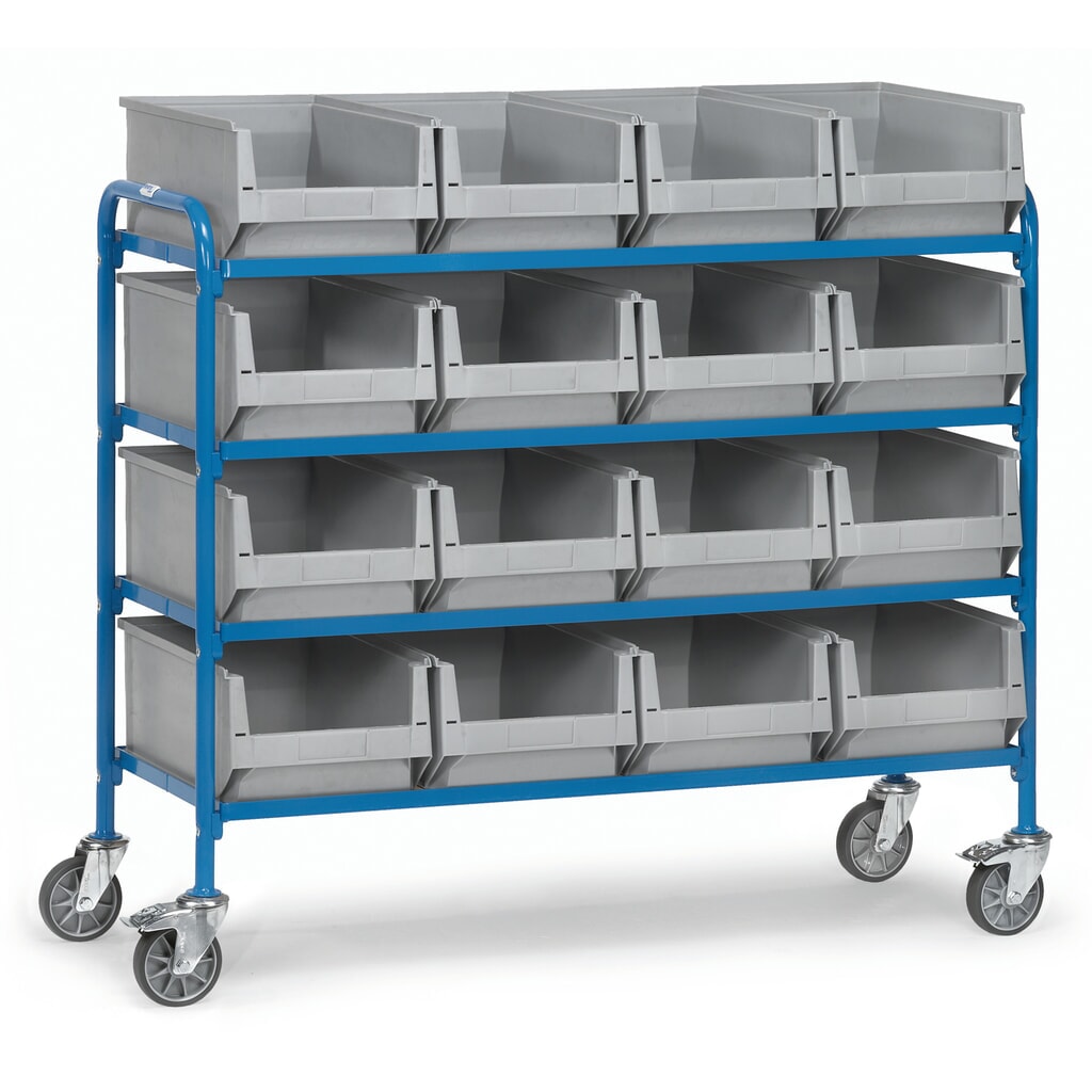 Imagen del producto: carro|plataforma lateral fetra® con cajas de almacenamiento con frontal abierto, área de carga 1.250 x 470 mm
