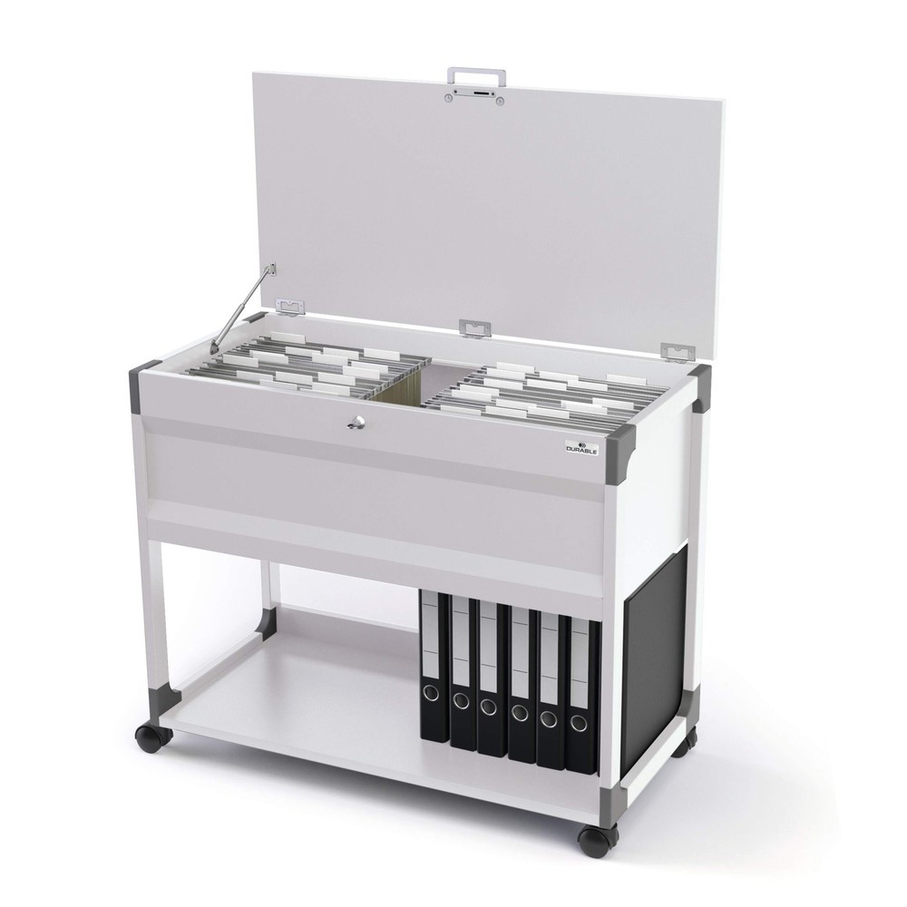 Imagen del producto: Carro portacarpetas colgantes para 100 carpetas + bandeja para archivadores, gris, con cerradura
