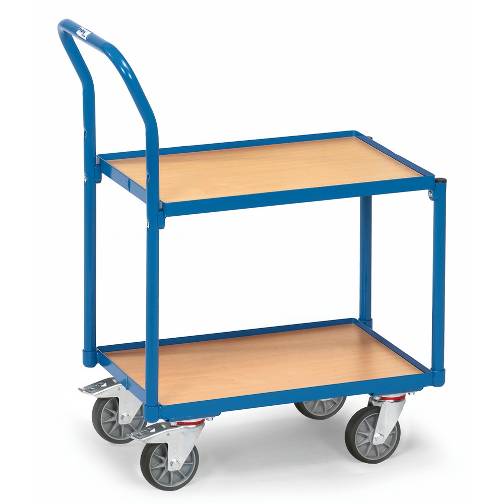 Imagen del producto: carros con estantes fetra®, 2 estantes de madera de 605 x 405 mm, con borde, con mango|maniobra