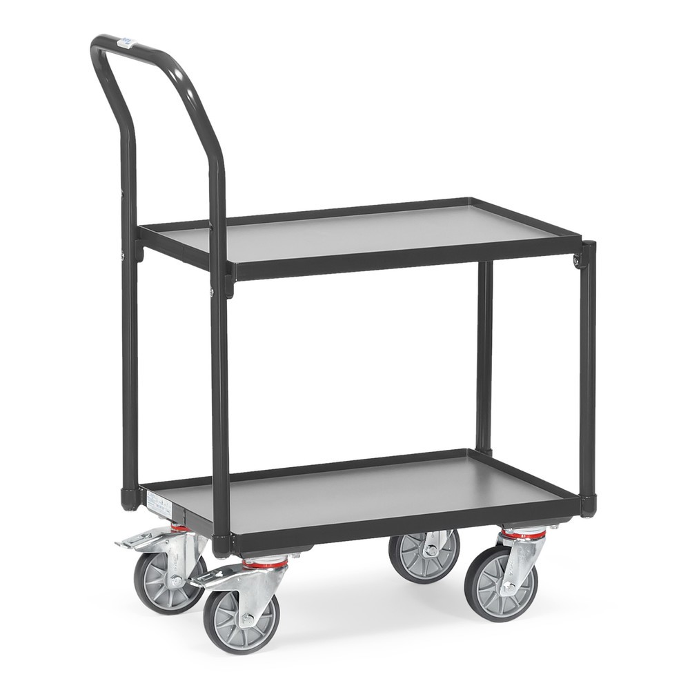 Imagen del producto: carros con estantes fetra®, 2 estantes de madera de 610 x 410 mm, sin borde, con mango|maniobra, gris antracita