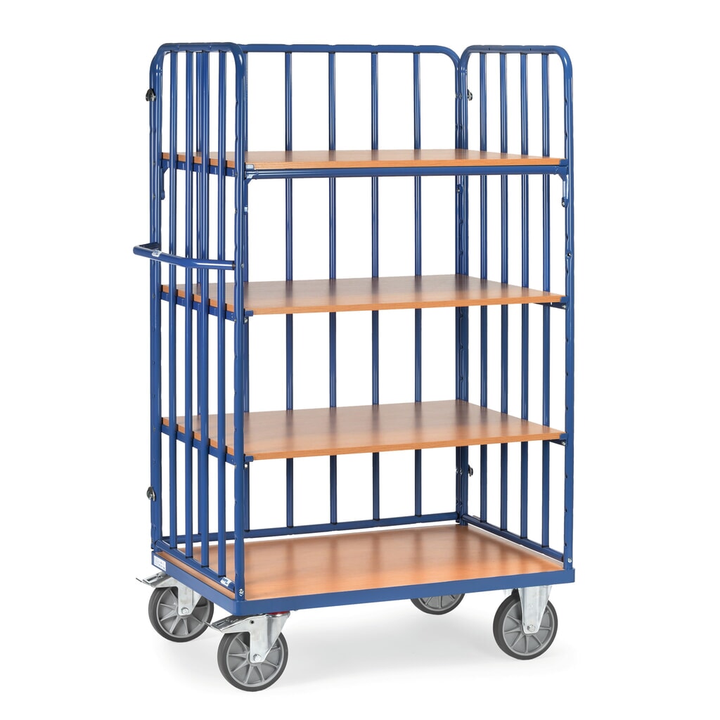 carros con estantes fetra® con puntales verticales de tubo, 3 paredes, 4 pisos de 1.000 x 600 mm, altura de construcción 1.800 mm Imagen del producto: carros con estantes fetra® con puntales verticales de tubo, 3 paredes, 4 pisos de 1.000 x 600 mm, altura de construcción 1.800 mm