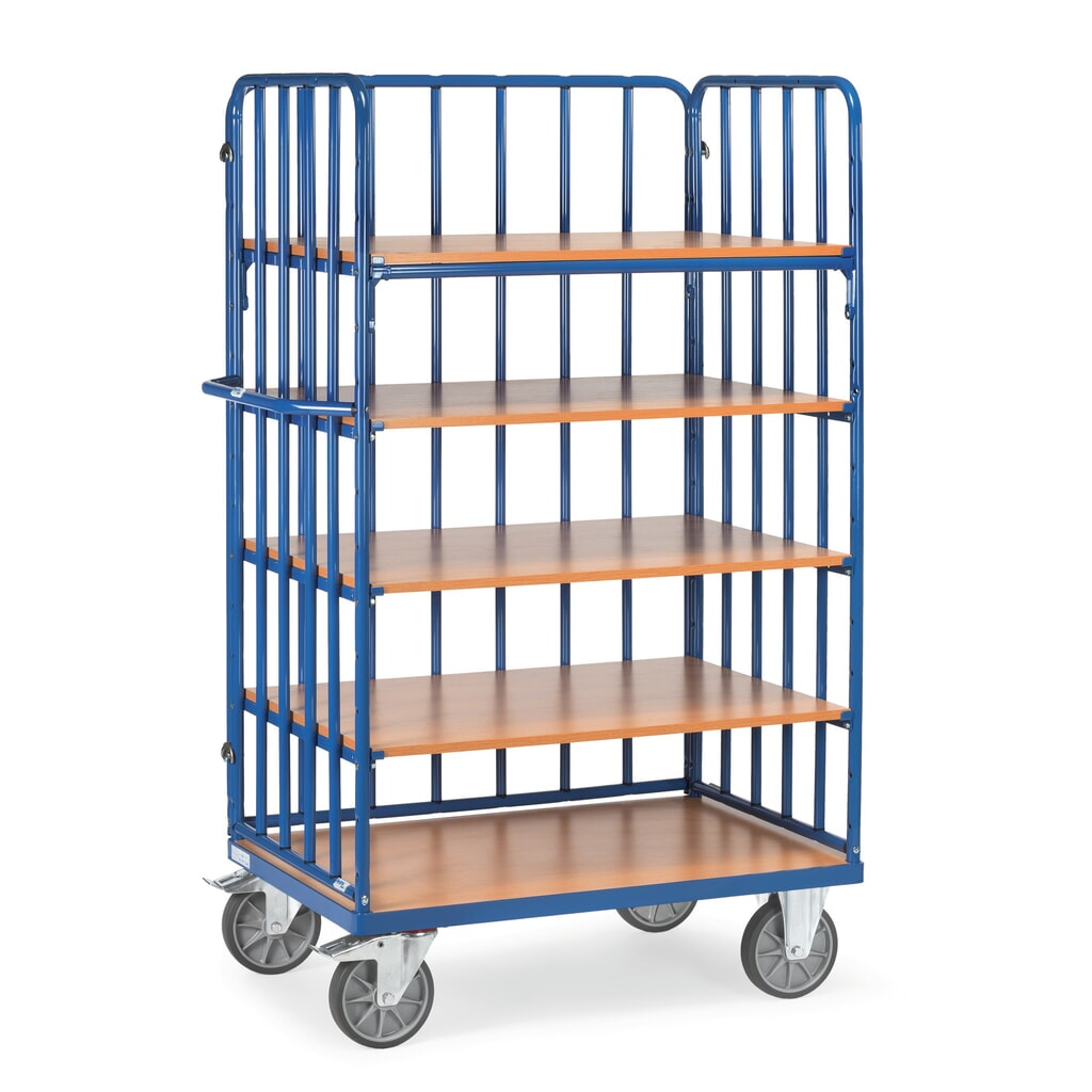 carros con estantes fetra® con puntales verticales de tubo, 3 paredes, 5 pisos de 1.000 x 700 mm, altura de construcción 1.800 mm Imagen del producto: carros con estantes fetra® con puntales verticales de tubo, 3 paredes, 5 pisos de 1.000 x 700 mm, altura de construcción 1.800 mm