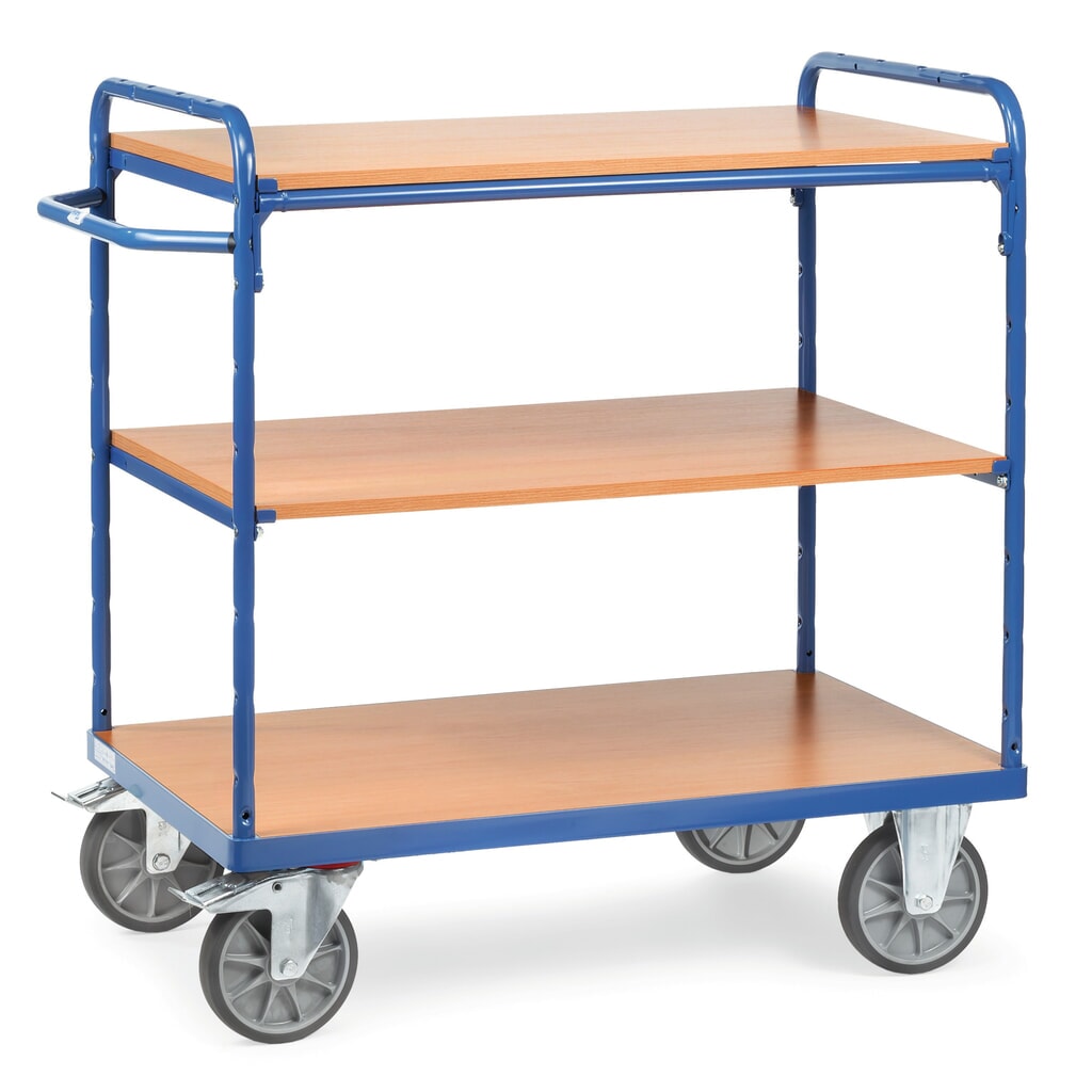 carros con estantes fetra® con suelos de madera, 3 niveles de 1.000 x 600 mm, altura de construcción 1,152 mm Imagen del producto: carros con estantes fetra® con suelos de madera, 3 niveles de 1.000 x 600 mm, altura de construcción 1,152 mm