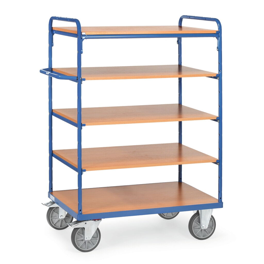 carros con estantes fetra® con suelos de madera, 5 niveles de 1.200 x 800 mm, altura de construcción 1.552 mm Imagen del producto: carros con estantes fetra® con suelos de madera, 5 niveles de 1.200 x 800 mm, altura de construcción 1.552 mm