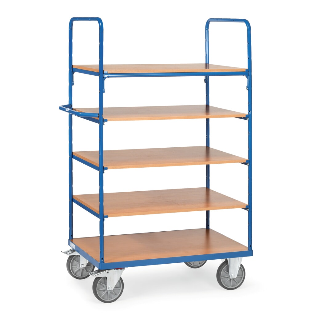 Imagen del producto: carros con estantes fetra® con suelos de madera, 5 pisos de 1.000 x 600 mm, altura de construcción 1.800 mm