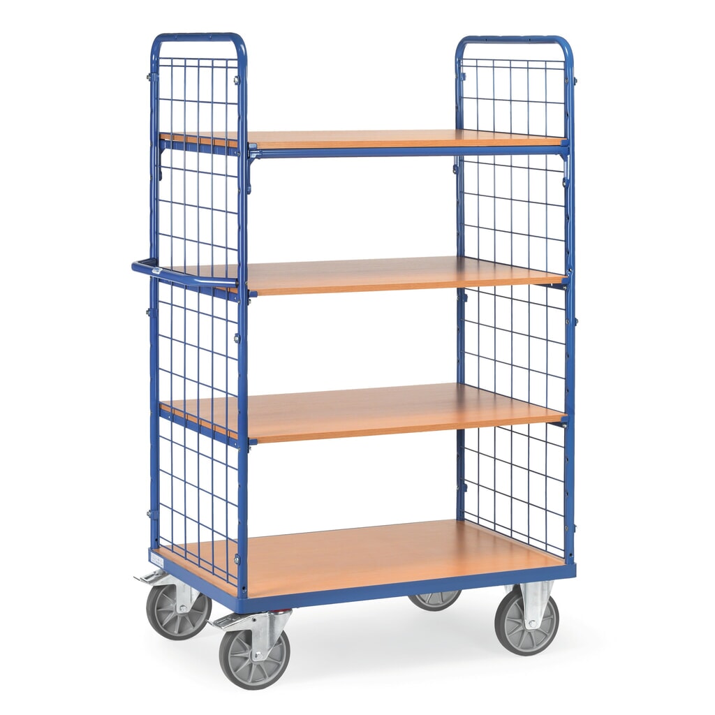 Número de imagen del producto 1: Carro de plataformas fetra® con estantes fijos, 2 paredes de rejilla, 4 estantes de 1.000 x 700 mm cada uno