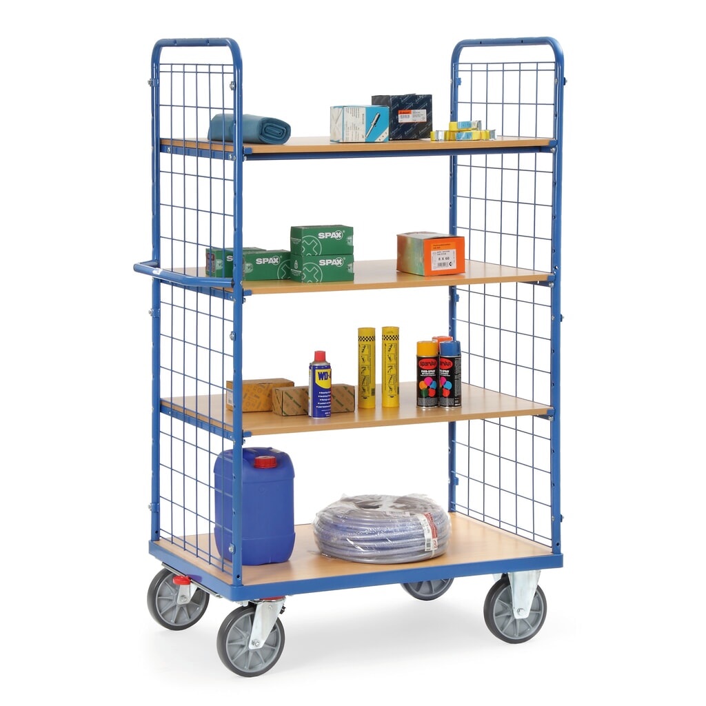 Carro de plataformas fetra® con estantes fijos, 2 paredes de rejilla, 4 estantes de 1.000 x 700 mm cada uno Número de imagen del producto 3: Carro de plataformas fetra® con estantes fijos, 2 paredes de rejilla, 4 estantes de 1.000 x 700 mm cada uno