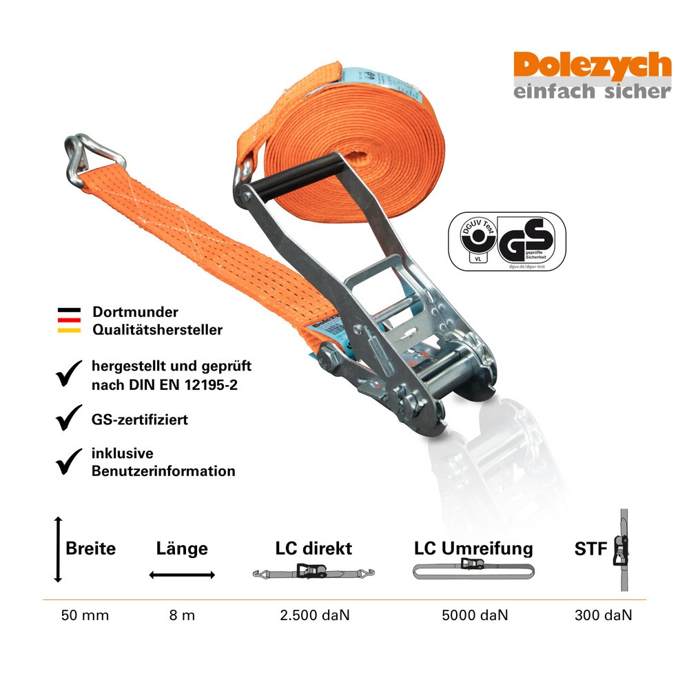 Número de imagen del producto 4: cinta|correa de amarre Dolezych DoZurR 5000, con trinquete a presión y gancho de perfil, longitud 8 m