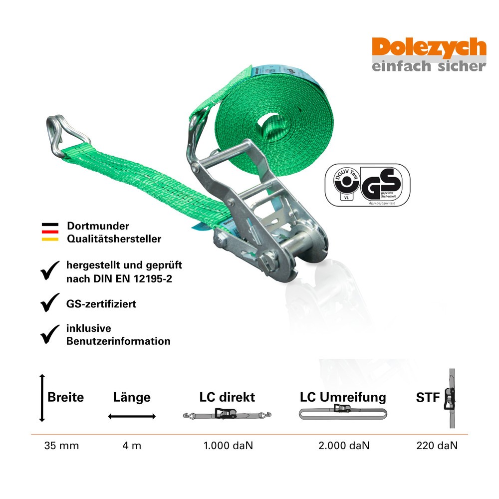 Número de imagen del producto 4: cinta|correa de amarre Dolezych DoZurR 2000, con trinquete a presión y gancho de perfil, longitud 4 m