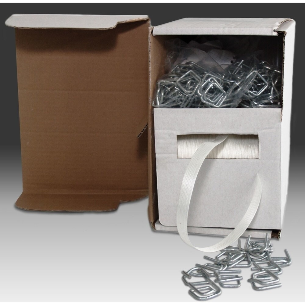 Imagen del producto: Cinta texturizada de hilo de poliéster MINI-SET-WG50 incl. abrazaderas metálicas, anchura (de fleje) 16 mm