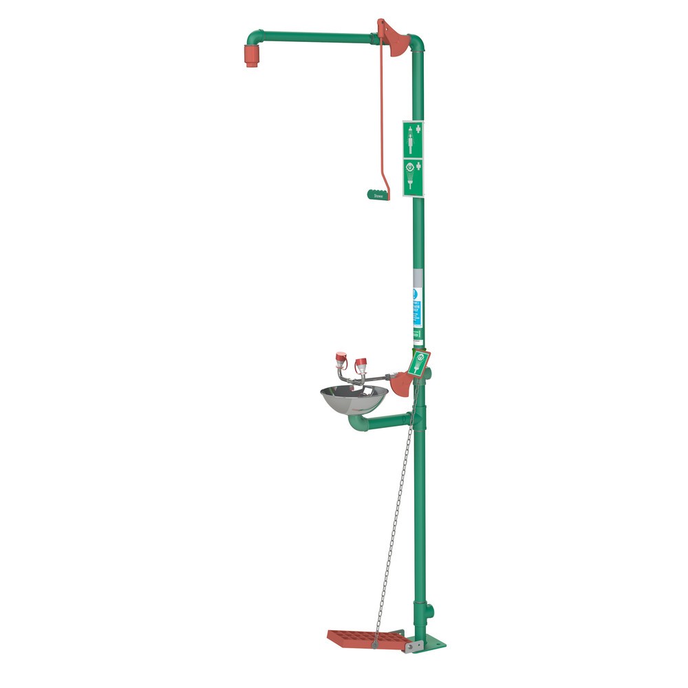 Imagen del producto: Combinación de ducha y lavaojos con pila Justrite® 18G85GD Hughes, modelo de suelo, aplicación en interiores, acero galvanizado
