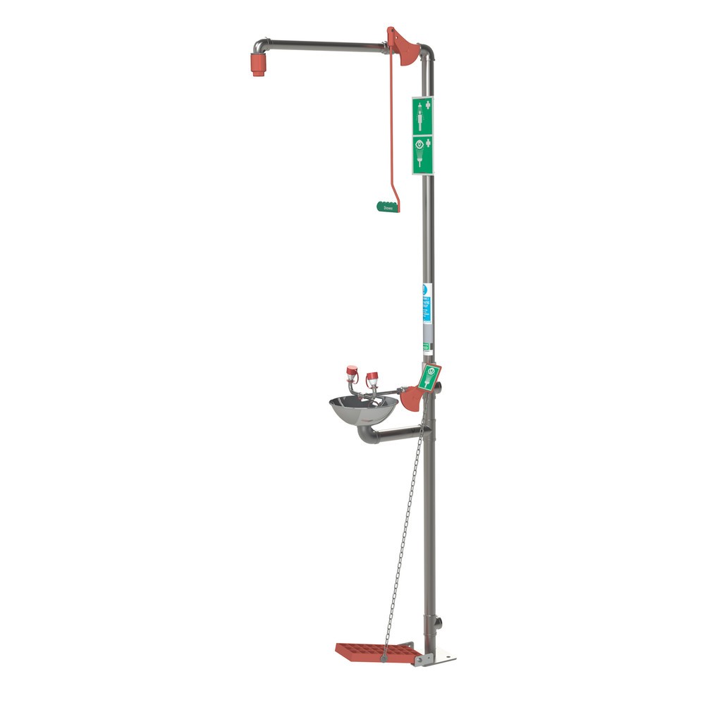 Imagen del producto: Combinación de ducha y lavaojos con pila Justrite® 18G85GD Hughes, modelo de suelo, aplicación en interiores, acero inoxidable