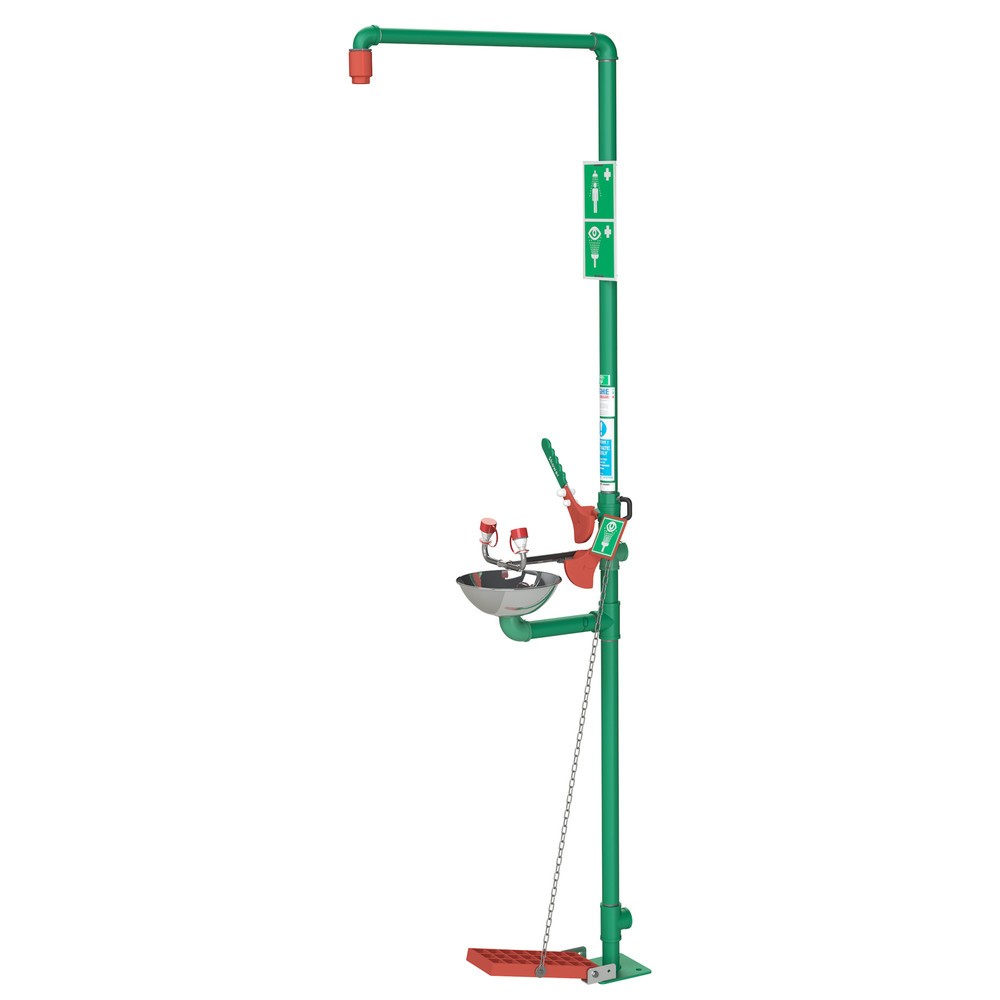 Imagen del producto: Combinación de ducha y lavaojos Justrite® SD18G85GD Hughes, descarga automática, modelo de suelo, aplicación exterior, acero galvanizado