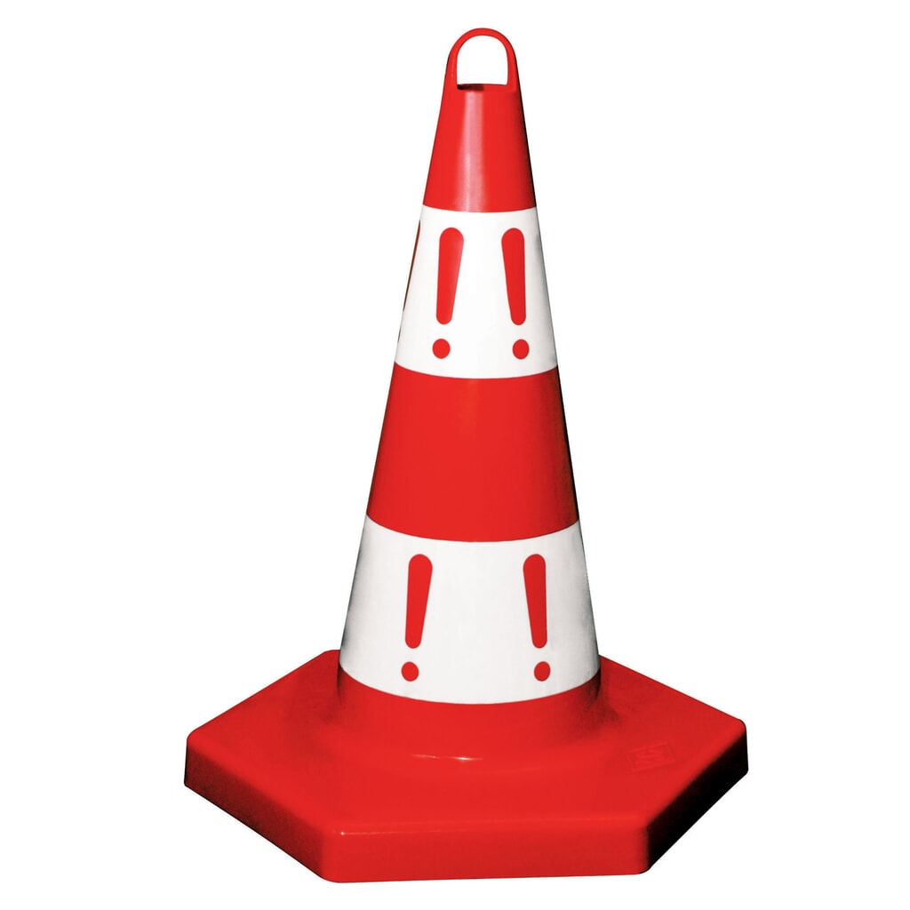 cono indicador de PP, duro, altura de construcción 500 mm, rojo/blanco, impresión «!» Imagen del producto: cono indicador de PP, duro, altura de construcción 500 mm, rojo/blanco, impresión «!»