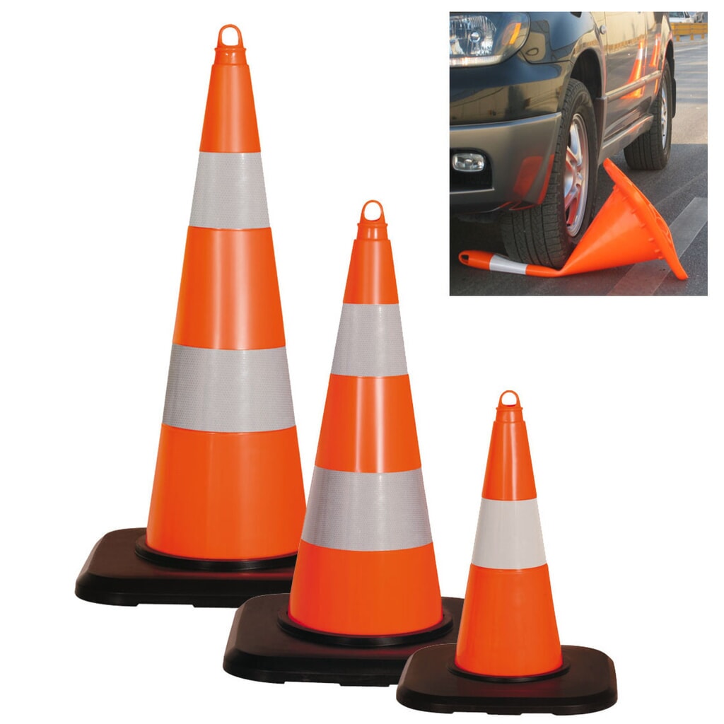 Imagen del producto: Cono indicador de PVC, resistente al arrollamiento, reflectante, altura 900 mm, base negra