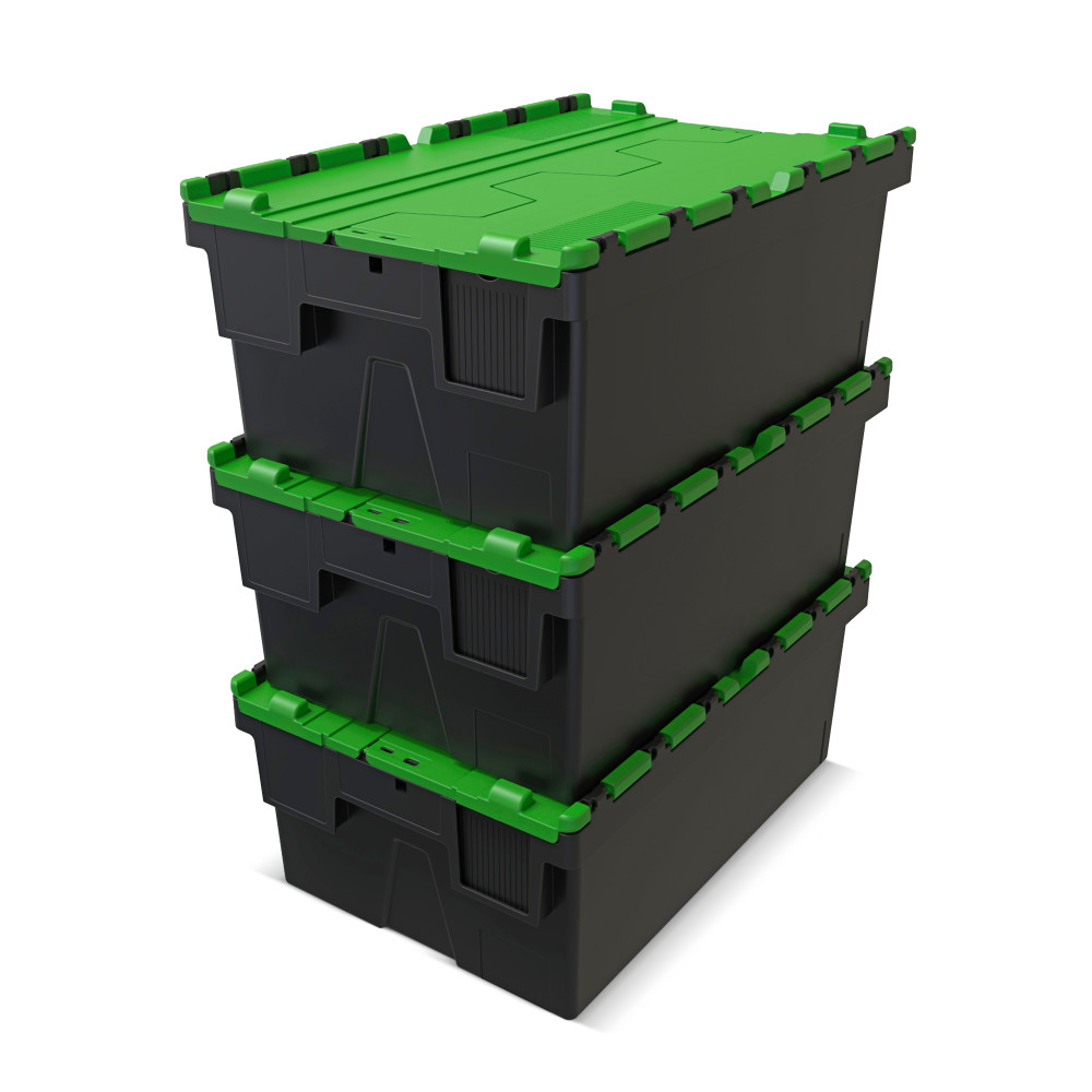 Número de imagen del producto 9: Contenedor apilable multiuso de regranulado de PP con tapa abatible, negro / verde, 40 litros, 1 uds. / UV
