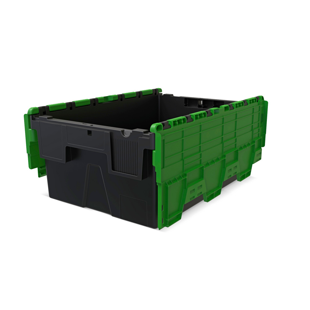 Número de imagen del producto 4: Contenedor apilable multiuso de regranulado de PP con tapa abatible, negro / verde, 40 litros, 1 uds. / UV
