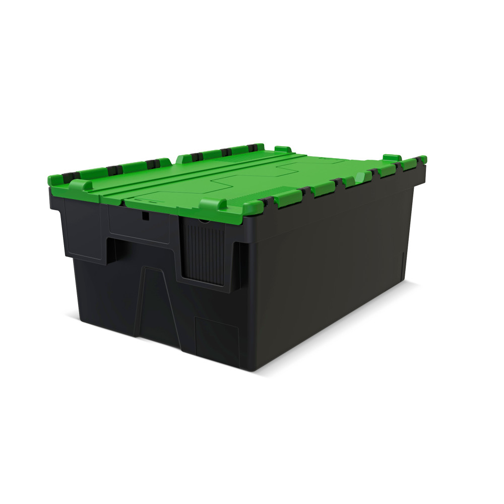 Número de imagen del producto 1: Contenedor apilable multiuso de regranulado de PP con tapa abatible, negro / verde, 40 litros, 1 uds. / UV