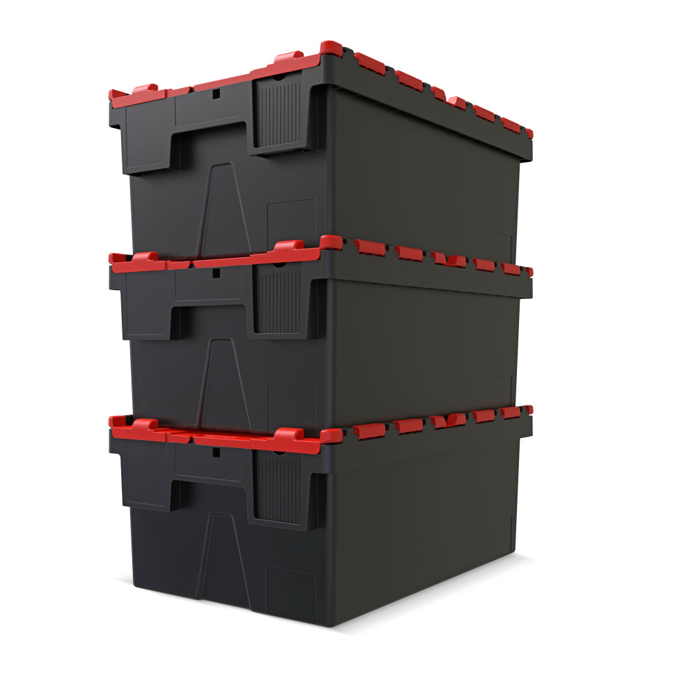 Número de imagen del producto 7: Contenedor apilable multiuso de regranulado de PP con tapa abatible, negro / rojo, 56 litros, 1 uds. / UV