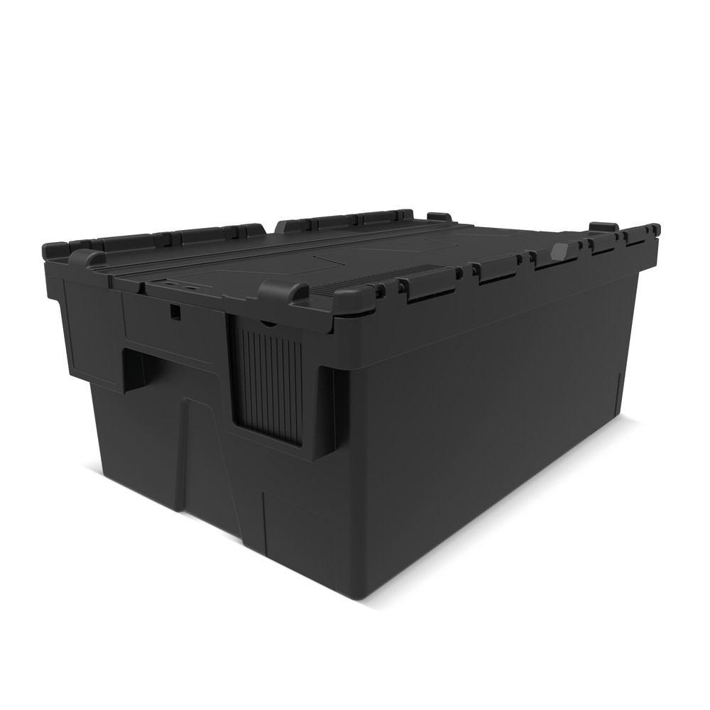 Imagen del producto: Contenedor apilable multiuso de regranulado de PP con tapa abatible, negro, 40 litros, 1 uds. / UV