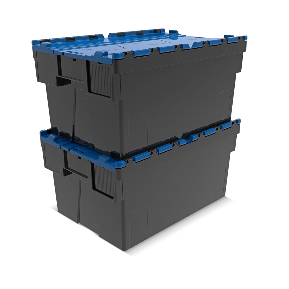 Número de imagen del producto 7: Contenedor apilable multiuso de regranulado de PP con tapa abatible, negro / azul, 56 litros, 1 uds. / UV