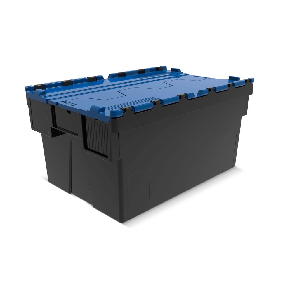 Número de imagen del producto 1: Contenedor apilable multiuso de regranulado de PP con tapa abatible, negro / azul, 56 litros, 1 uds. / UV