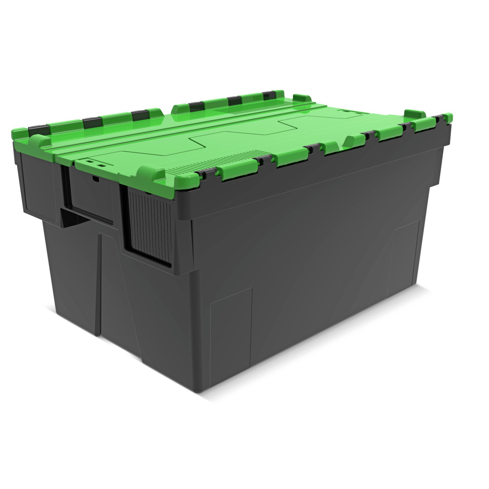 Imagen del producto: Contenedor apilable multiuso de regranulado de PP con tapa abatible, negro / verde, 56 litros, 1 uds. / UV