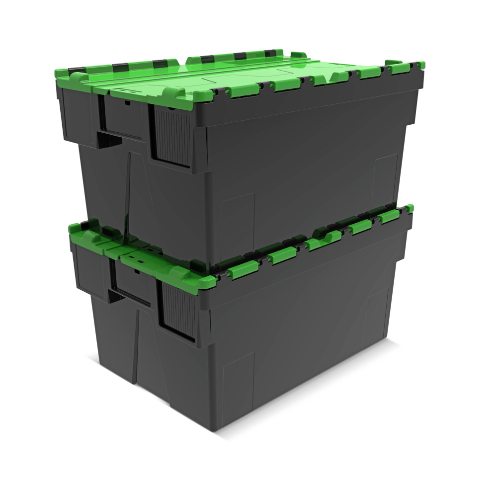 Número de imagen del producto 7: Contenedor apilable multiuso de regranulado de PP con tapa abatible, negro / verde, 56 litros, 1 uds. / UV