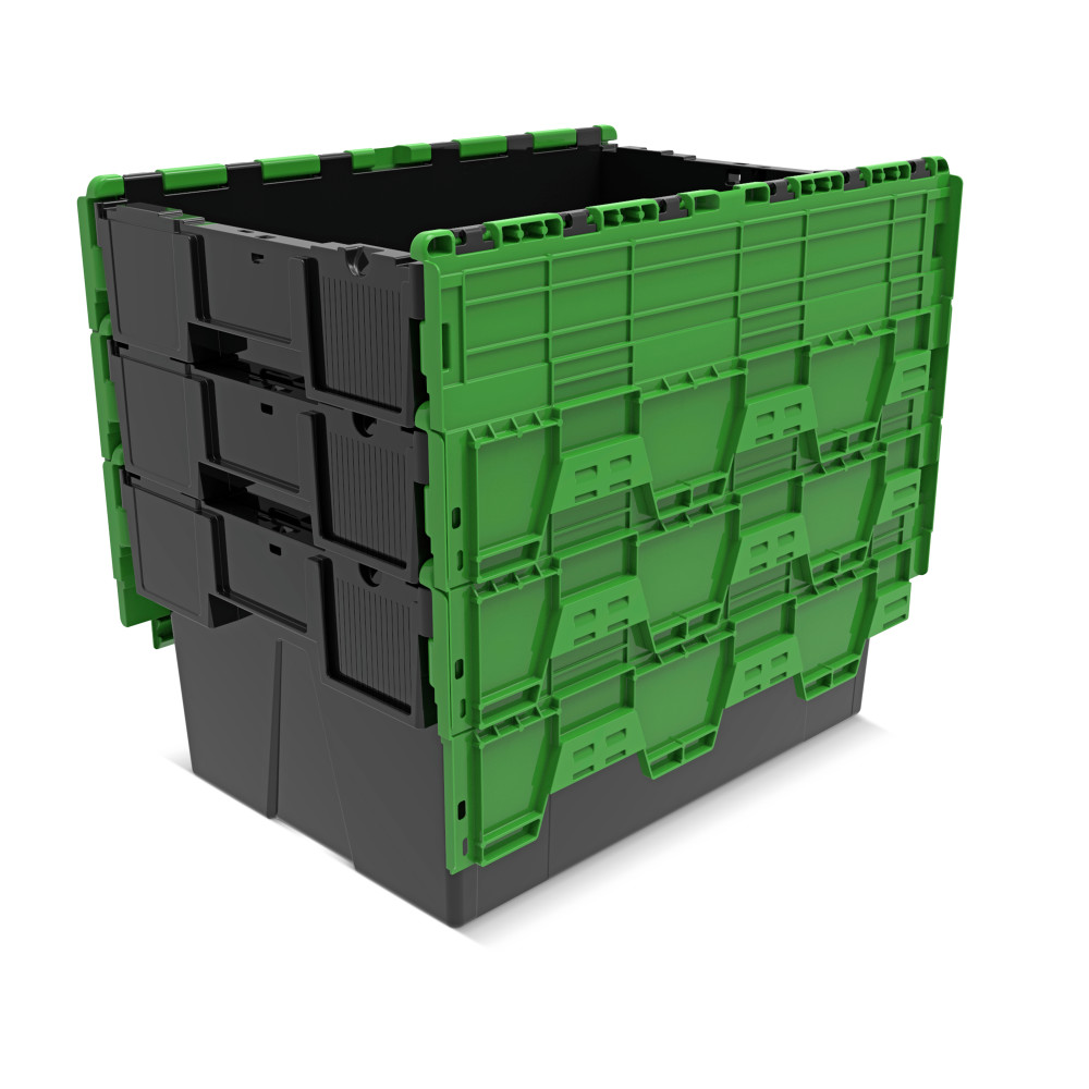 Número de imagen del producto 8: Contenedor apilable multiuso de regranulado de PP con tapa abatible, negro / verde, 56 litros, 1 uds. / UV