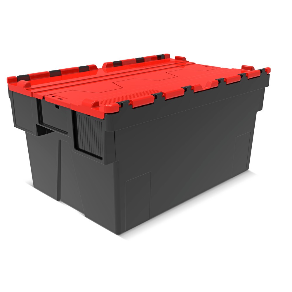 Número de imagen del producto 1: Contenedor apilable multiuso de regranulado de PP con tapa abatible, negro / rojo, 56 litros, 1 uds. / UV