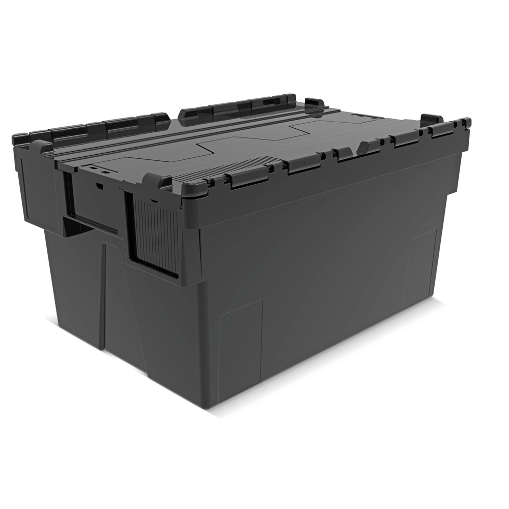 Imagen del producto: Contenedor apilable multiuso de regranulado de PP con tapa abatible, negro, 56 litros, 1 uds. / UV