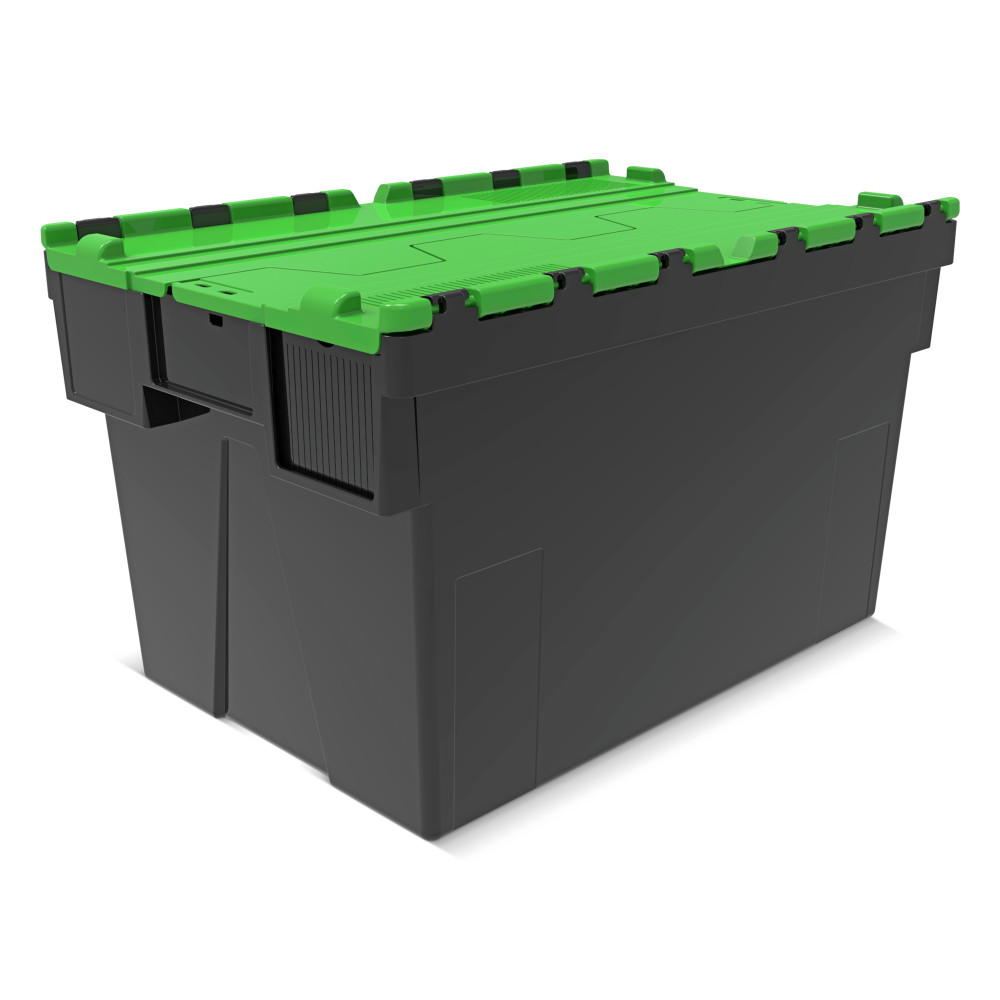 Número de imagen del producto 1: Contenedor apilable multiuso de regranulado de PP con tapa abatible, negro / verde, 65 litros, 1 uds. / UV