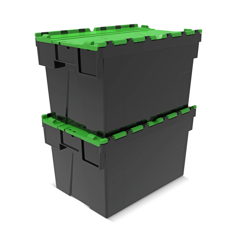 Número de imagen del producto 7: Contenedor apilable multiuso de regranulado de PP con tapa abatible, negro / verde, 65 litros, 1 uds. / UV