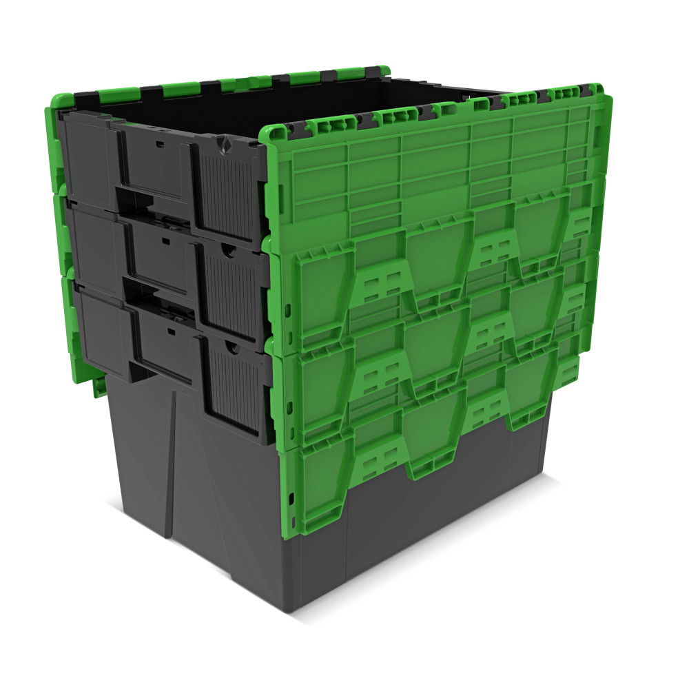 Número de imagen del producto 8: Contenedor apilable multiuso de regranulado de PP con tapa abatible, negro / verde, 65 litros, 1 uds. / UV