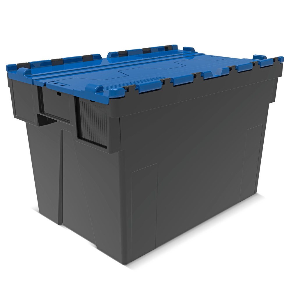 Número de imagen del producto 1: Contenedor apilable multiuso de regranulado de PP con tapa abatible, negro / azul, 77 litros, 1 uds. / UV